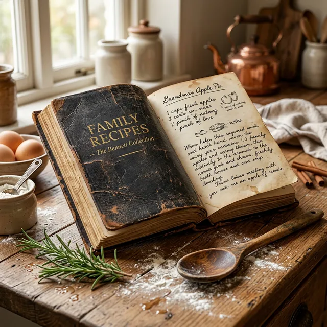A beautiful vintage recipe book in a warm kitchen